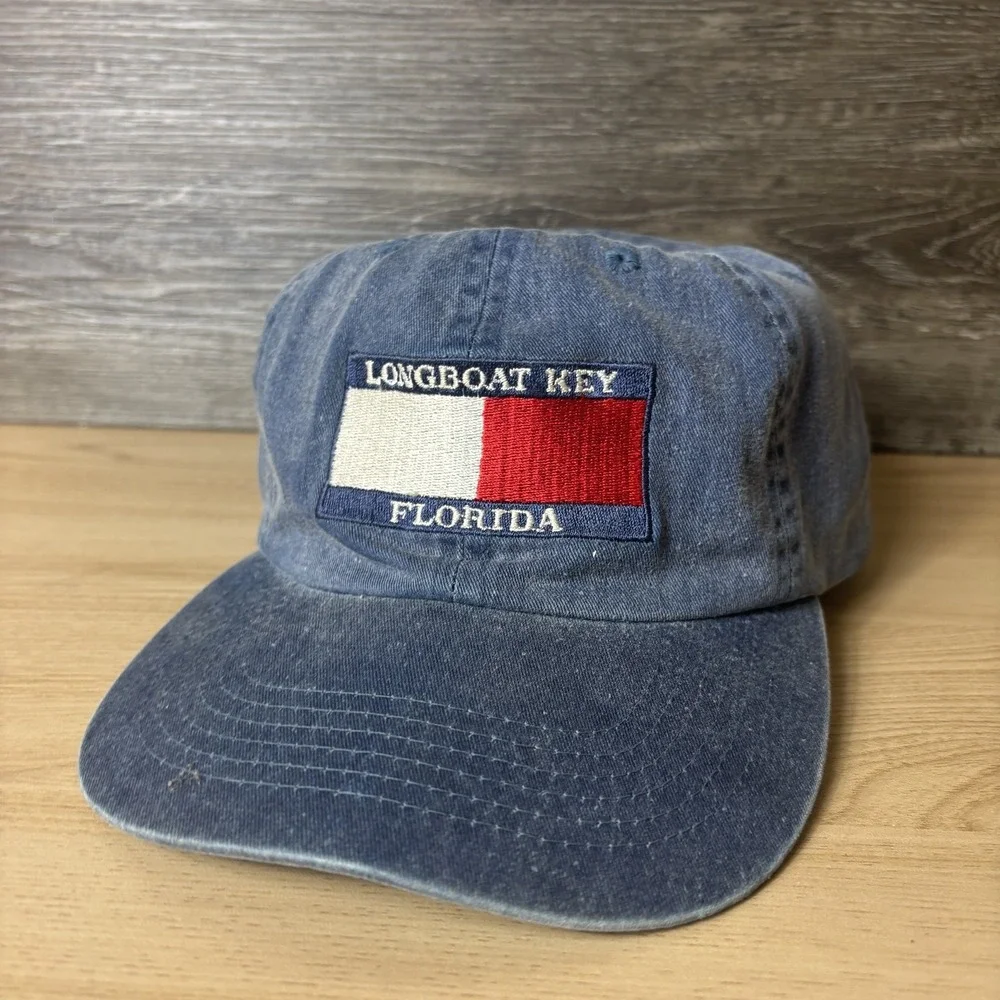 Longboat Key Florida Hat Cap Strap Back Blue Red White Embroidered Patch Mens